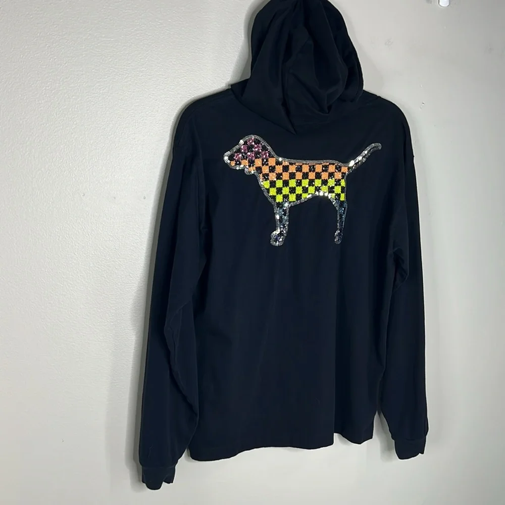 Victoria’s Secret PINK Rainbow Sequined Checkered Dog Hooded Tee size Large - Picture 12 of 15